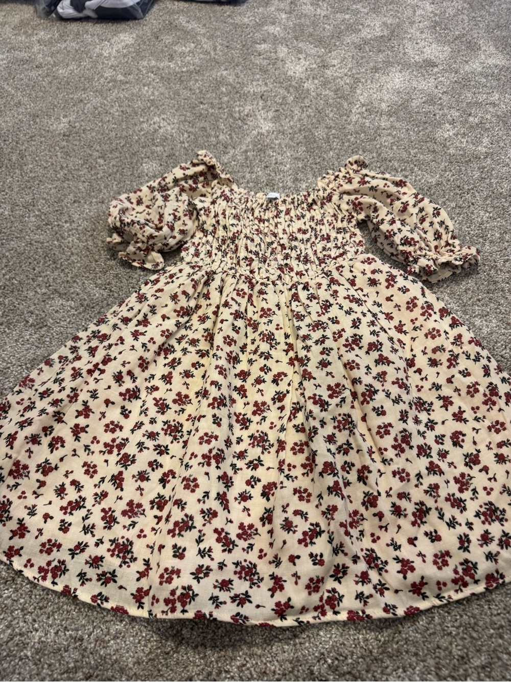 btween Cream Dress with Red Floral Print and Puff Sleeves